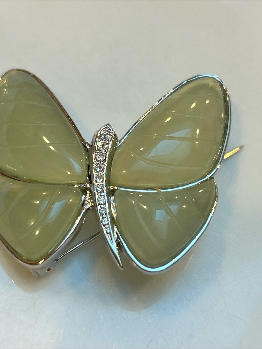 Silver tone light Green Butterfly Brooch with Crystal Accents pendant or pin